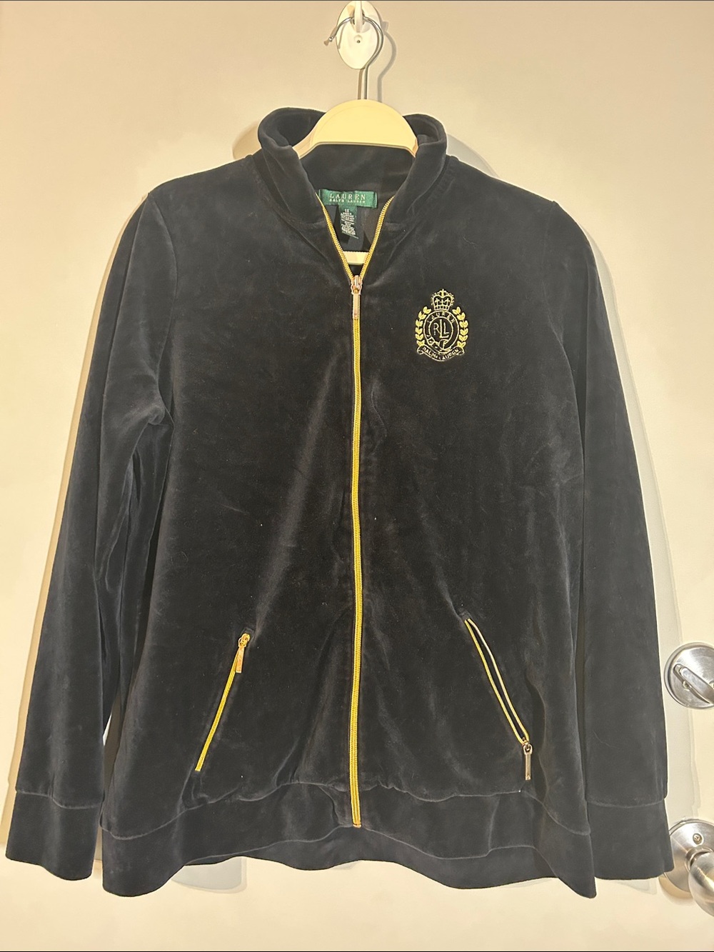 Lauren by Ralph Lauren Black Velour Zip Track Jacket with Gold Trim